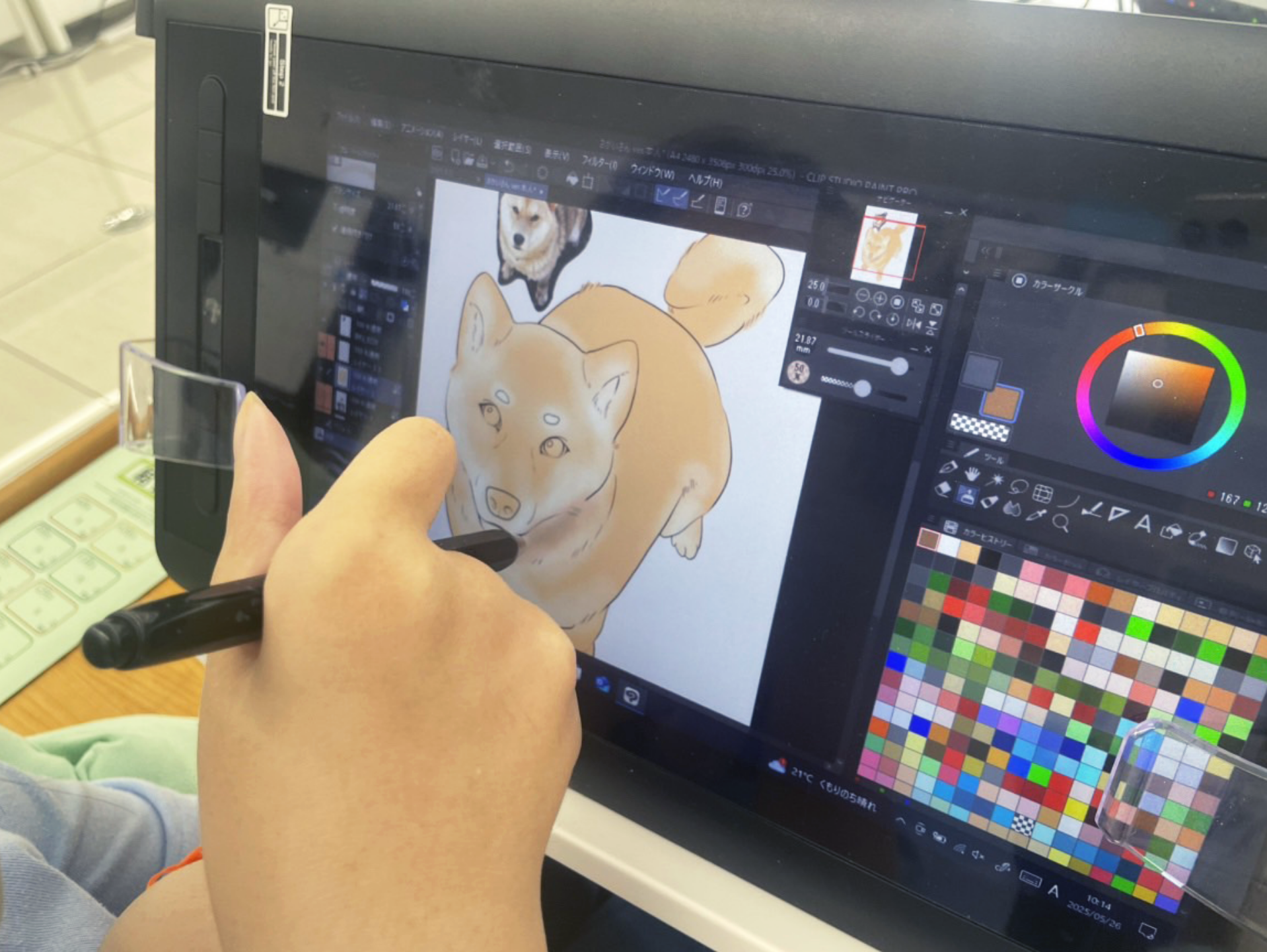 液晶タブレットで犬の絵を描いている様子